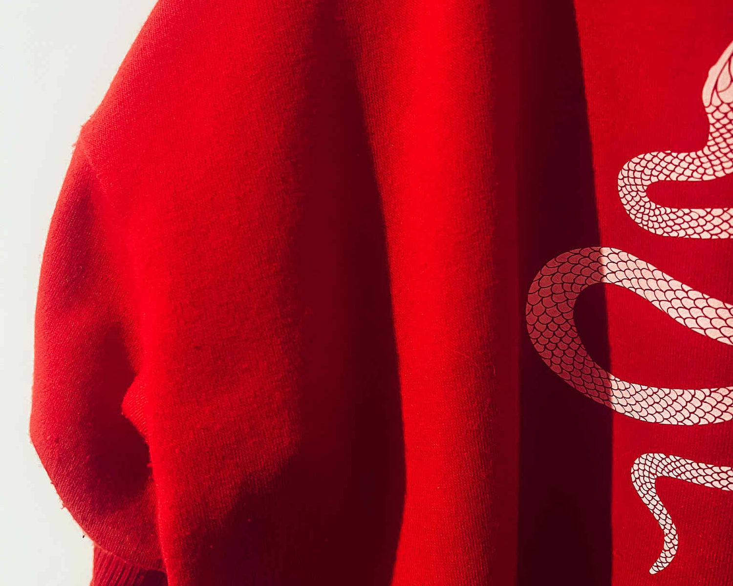 Red sweater with a white snake design on a white background